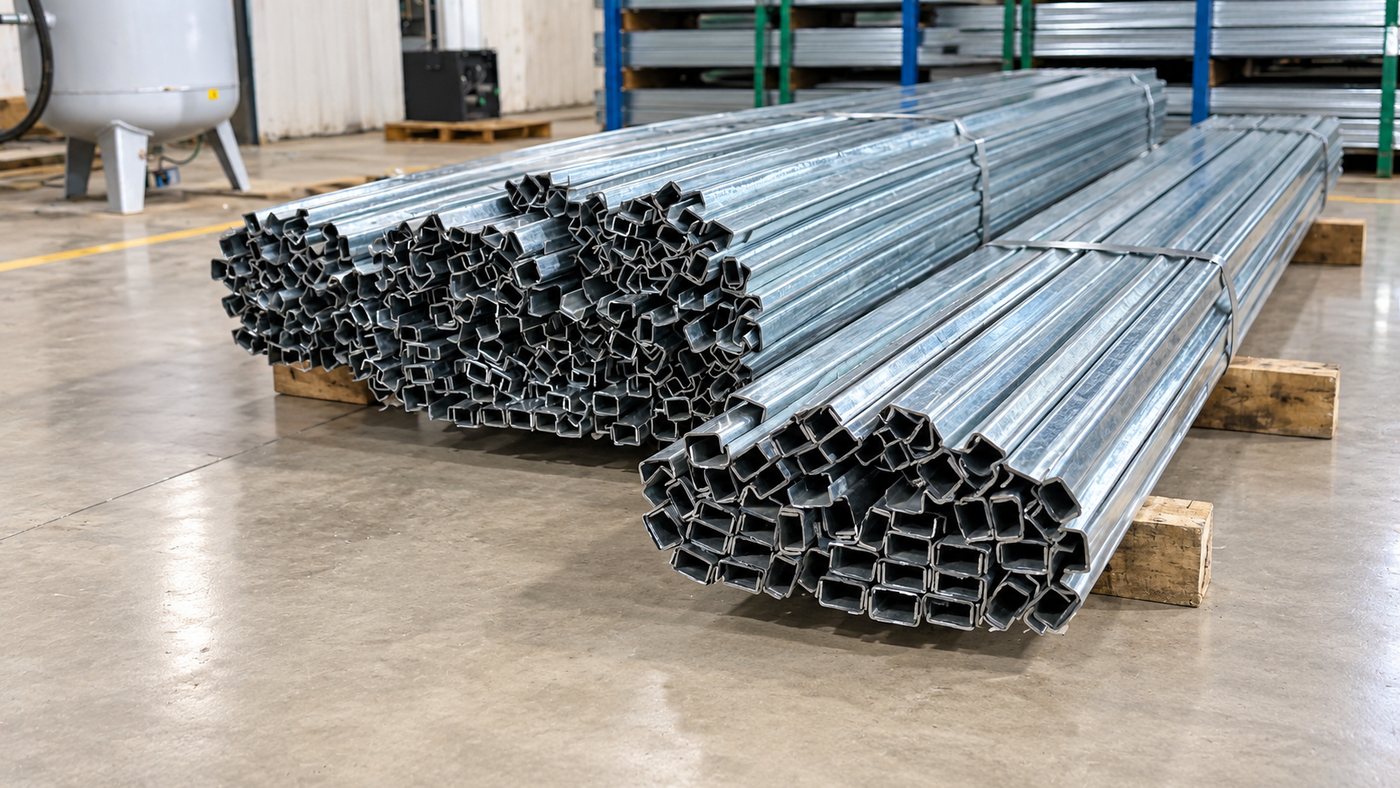 Bundles of finished galvanised sections strapped on timber, ready for dispatch