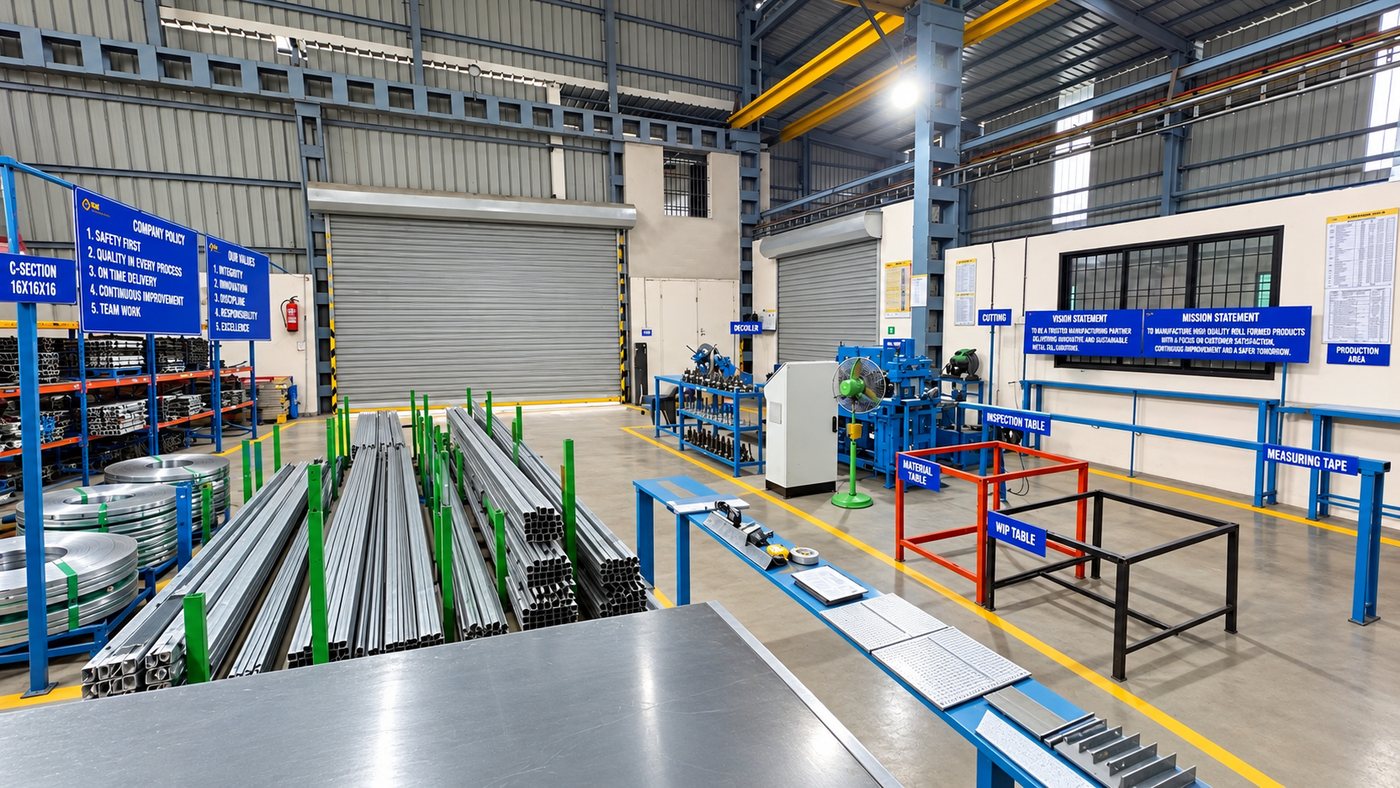 Inside the P&K plant: coil storage, finished sections on racks, the forming line and the inspection table