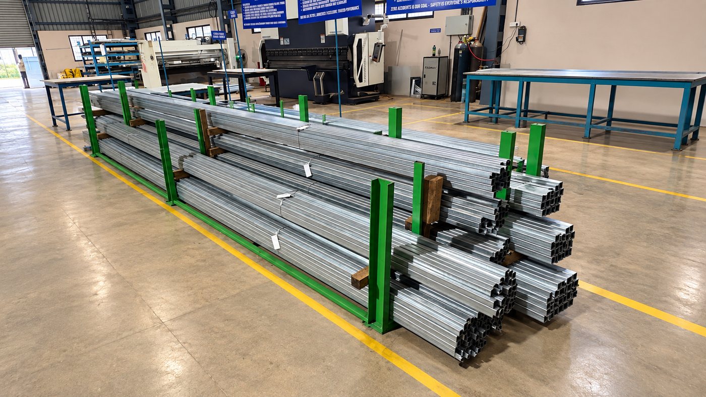 Long galvanised roll-formed sections stacked on a rack on the P&K shop floor